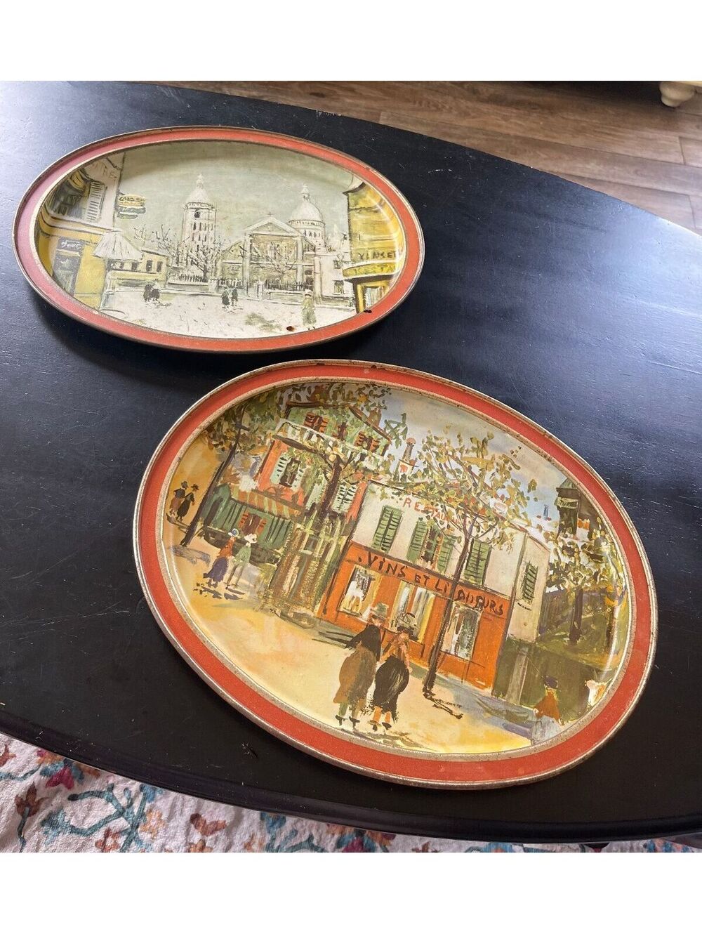 Vintage Maurice Utrillo Art Metal Serving Trays Set of 2- Aged Beauty's 1950/60s